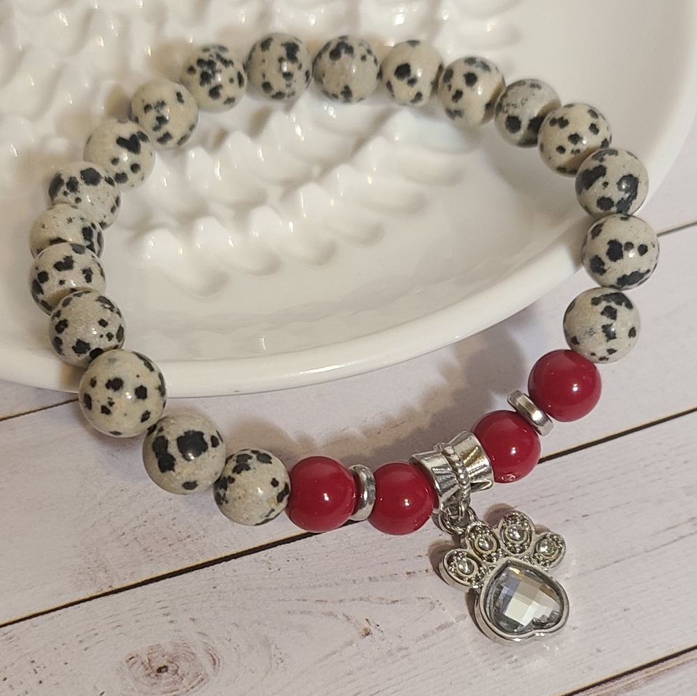 Dalmatian Jasper and Red Natural Stone Bead Stretch Bracelet with Paw Charm